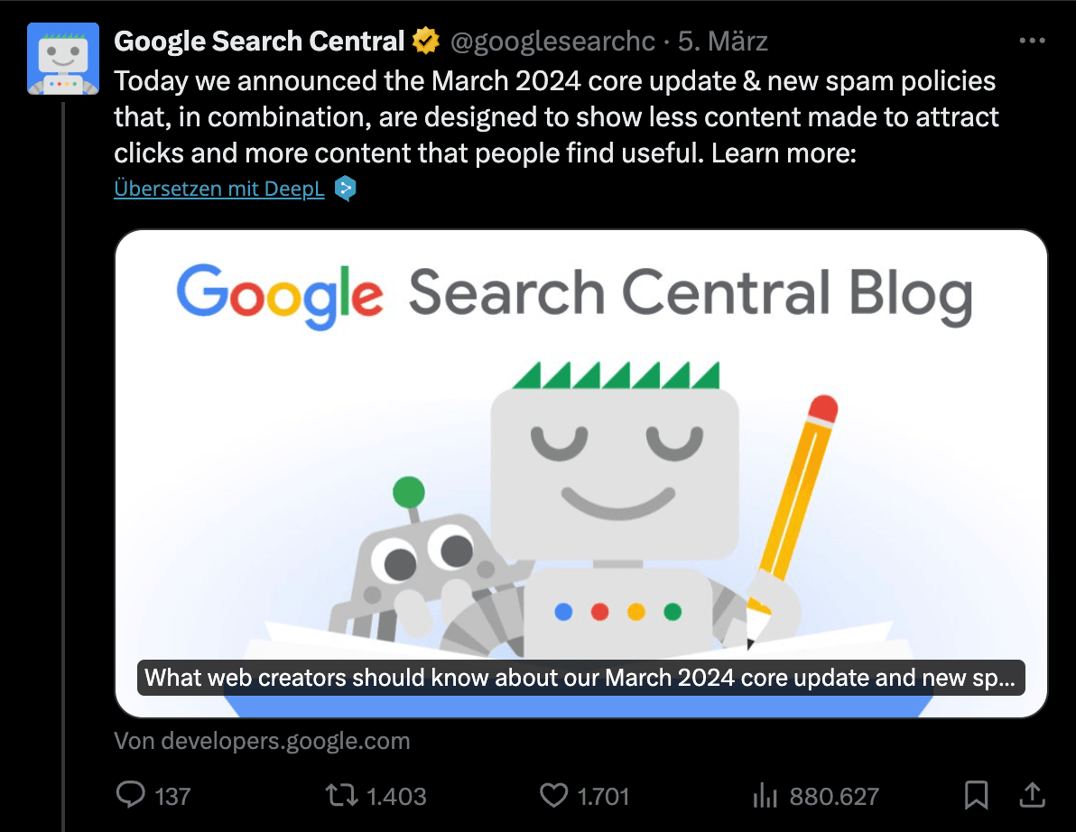 Google Search Central News über Veröffentlichung des Core Updates vom März 2024